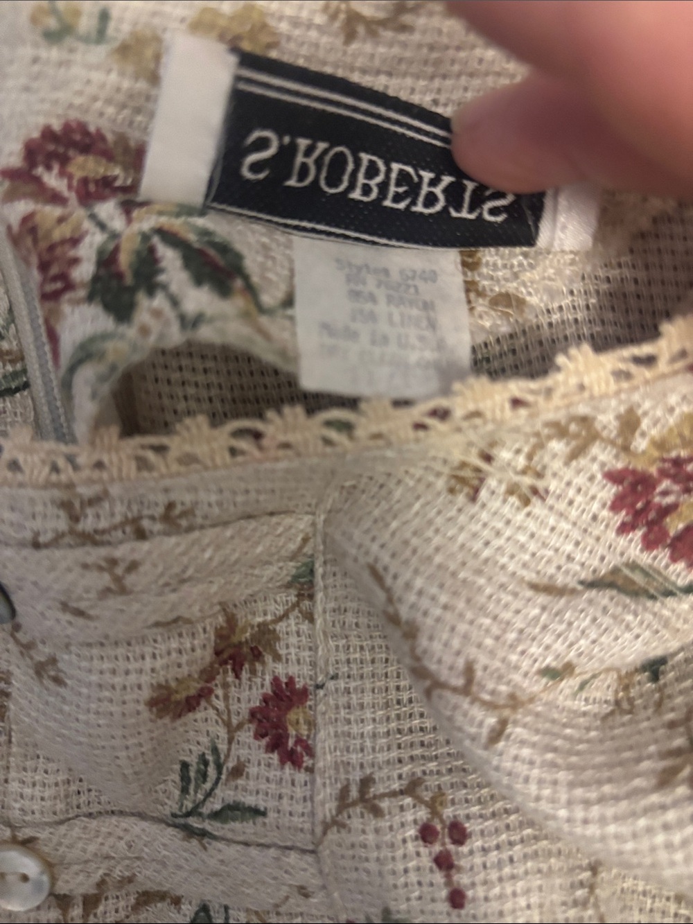 Vintage Cottagecore Prairie Girl 90s Floral Cream Pink Lace Trim - Picture 3 of 10